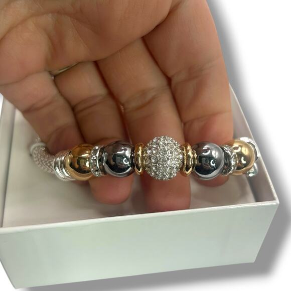 NEW Nine West Tri-Tone Pave Fireball Stretch Bracelet Silver Gold Gray Beaded - Picture 3 of 8